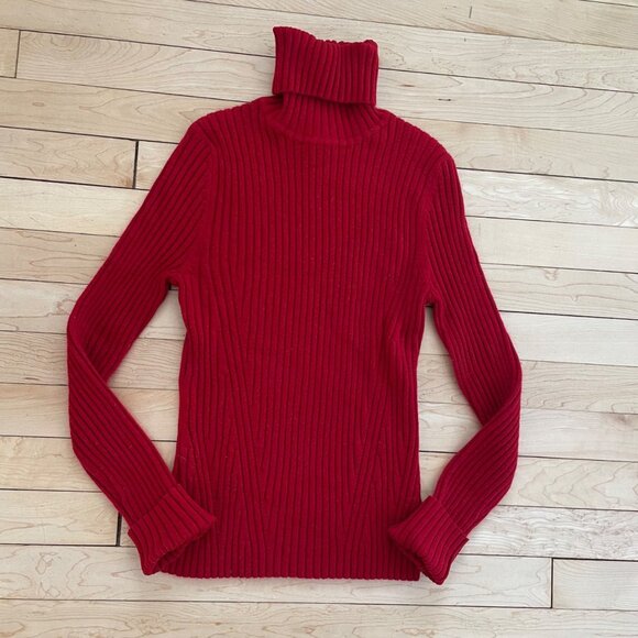 Red Ribbed Turtleneck Sweater Fitted Cuffed Sleeves Valentines Y2K M Coquette - Picture 7 of 9